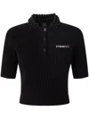 Pinko Short Knit Polo With Beaded Crocheted Collar In Schwarz
