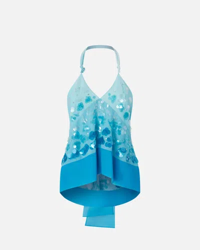 Pinko Embroidered Top With Sequins And Open Back In Multi. Blue/light Blue