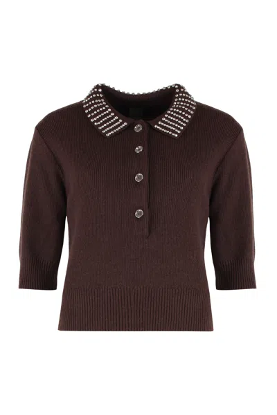 Pinko Emilia Ribbed Knit Polo Shirt In Brown