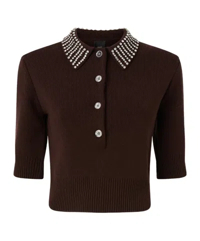 Pinko Emilia Blend Sweater With Rhinestones In Brown