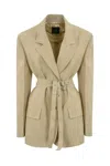 Pinko Emozioni Oversized Canvas Blazer Jacket With Belt In Beige-sabbia Ardente