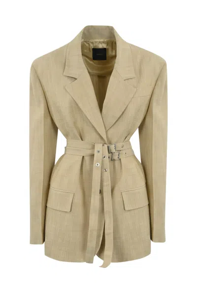 Pinko Emozioni Oversized Canvas Blazer Jacket With Belt In Beige
