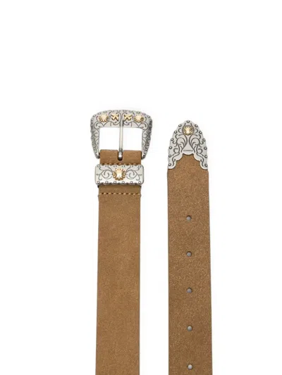 Pinko Engraved-detail Suede Belt In Brown