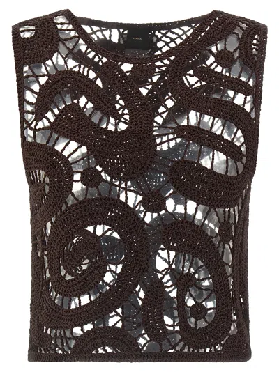 Pinko Eruzione Crochet Sleeveless Top Round Neck In Brown
