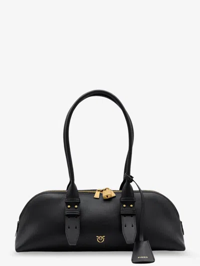 Pinko Bowling Bag Horizontal Black Handbag With Adjustable And Removable Shoulder Strap And Padlock Detail