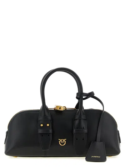Pinko Bowling Bag Horizontal Black Handbag With Adjustable And Removable Shoulder Strap And Padlock Detail