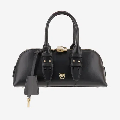 Pinko Bowling Bag Horizontal Black Handbag With Adjustable And Removable Shoulder Strap And Padlock Detail