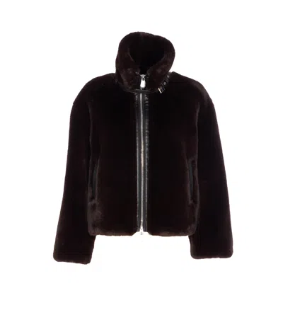 Pinko Ink-effect Faux Fur Blouson Jacket In Brown