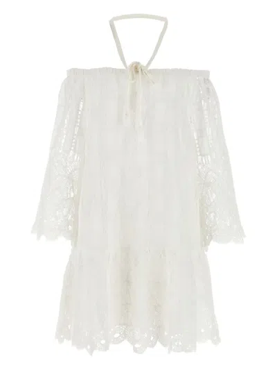 PINKO EVERGREEN OFF-THE-SHOULDER LACE DRESS