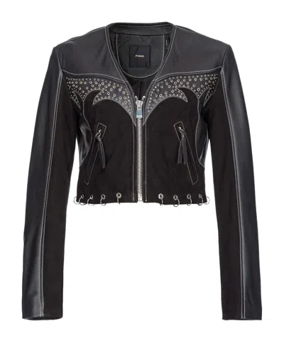 Pinko Eyelet-detailed Leather Jacket In Black