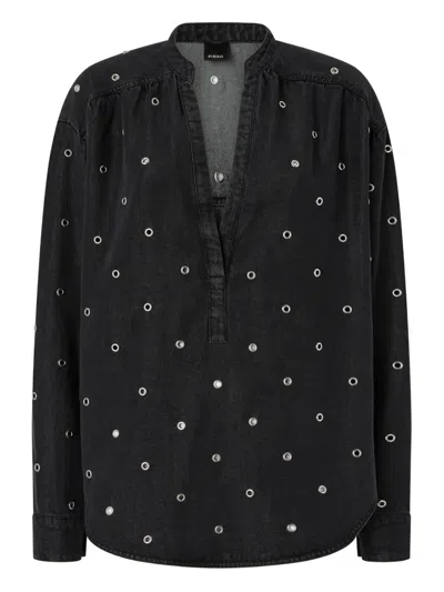 Pinko Eyelet V-neck Top In Black