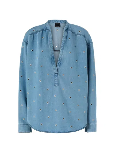Pinko Eyelet V-neck Top In Blue