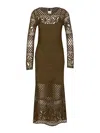 Pinko 'ortles' Green Crewneck Long Dress With Fishnet Design And All-over Floral Embroidery In Green