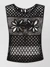 Pinko Black Top With Perforated Design And Diamond Motif And Floral Details In Black