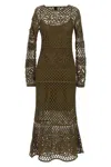 Pinko 'ortles' Green Crewneck Long Dress With Fishnet Design And All-over Floral Embroidery