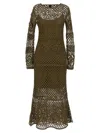 Pinko 'ortles' Green Crewneck Long Dress With Fishnet Design And All-over Floral Embroidery