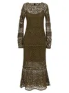 Pinko 'ortles' Green Crewneck Long Dress With Fishnet Design And All-over Floral Embroidery In Green