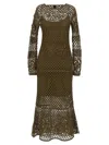 Pinko 'ortles' Green Crewneck Long Dress With Fishnet Design And All-over Floral Embroidery In Green