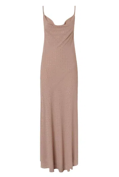 Pinko Beige Long Dress With Draped Neckline And Open Back In Tech Fabric Woman In Gray