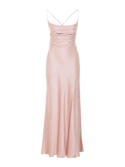 Pinko Pink Sleeveless Long Dress With Criss-crossed Spaghetti Straps In Tech Fabric Woman In Gold