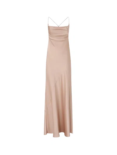 Pinko Pink Sleeveless Long Dress With Criss-crossed Spaghetti Straps In Tech Fabric Woman In Gold