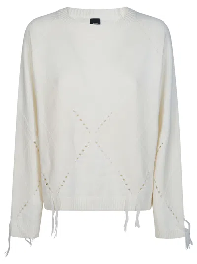 Pinko Berna Argyle Traforato Open-knit Tassel Sweater In White