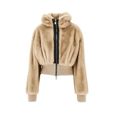 Pinko Bagels Beige Bomber Jacket With Front Zip Closure In Ecofur Woman In Nude