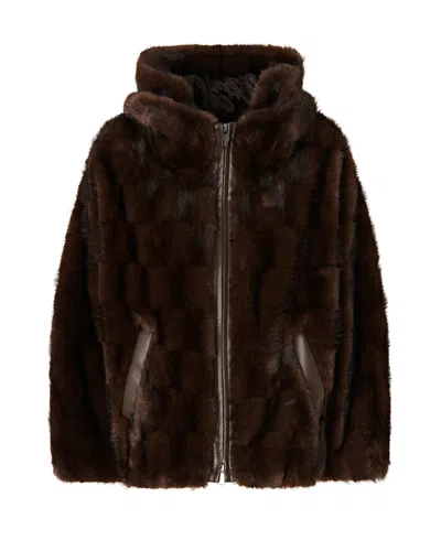 Pinko Faux Fur Hooded Zip Coat In Marrone-chicco Di Caffe'