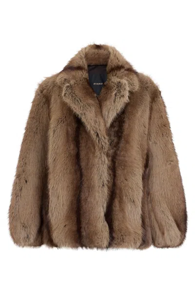 Pinko Faux Fur Oversized Jacket With Wide Collar In Brown