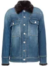 Pinko Blue Denim Overshirt Jacket With Fur-effect Collar In Blue
