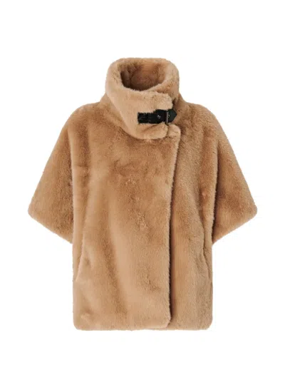 Pinko Plush Short-sleeved Faux Fur Jacket With High Collar In Brown