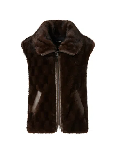 Pinko Textured Brown Gilet With High Collar And Leather-like Panels