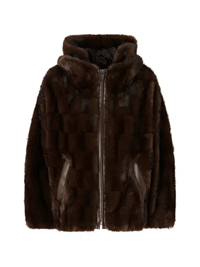 Pinko Plush Dark Brown Checkered Fur Jacket With Hood And Leather Trim