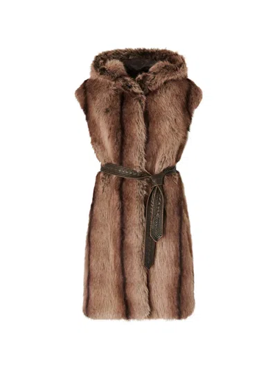 Pinko Hooded Belted Faux Fur Sleeveless Coat In Multi