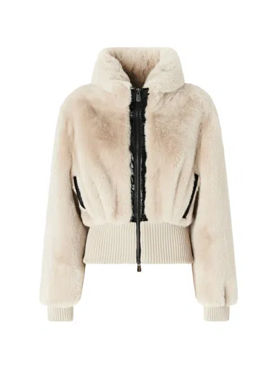 Pinko Faux-fur Ribbed-trim Jacket In Neutral