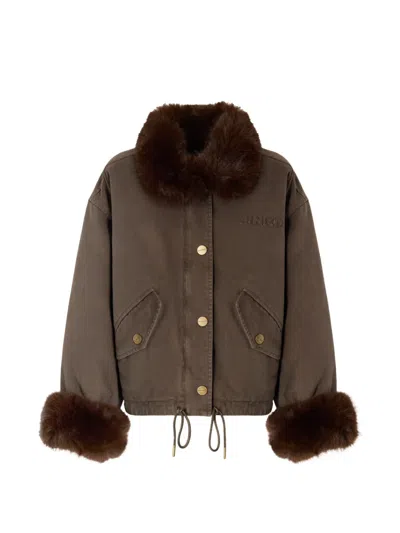 Pinko Nylon Silk Blend Coat Faux Fur Drawstring In Silver