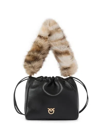 Pinko Faux-fur Trim Leather Bag In Black