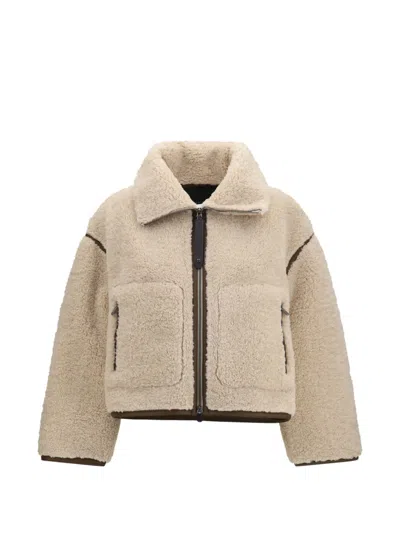 Pinko Cropped Jacket High Collar Shearling Texture In Neutral