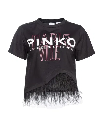 Pinko Feather Detail Cropped T-shirt In Black