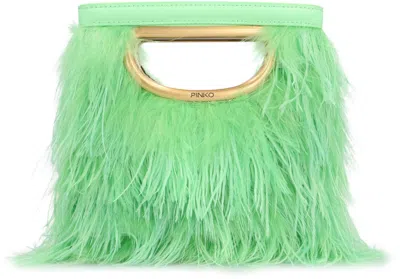 Pinko Feather Effect Logo Engraved Clutch Bag In Green
