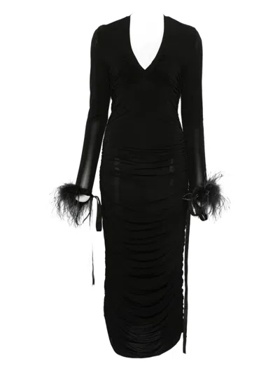 Pinko Feather-trim Midi Dress In Black