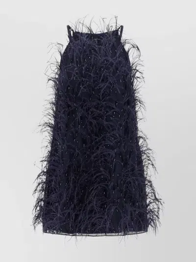 Pinko Feather-embellished Sleeveless Mini Dress In Blue