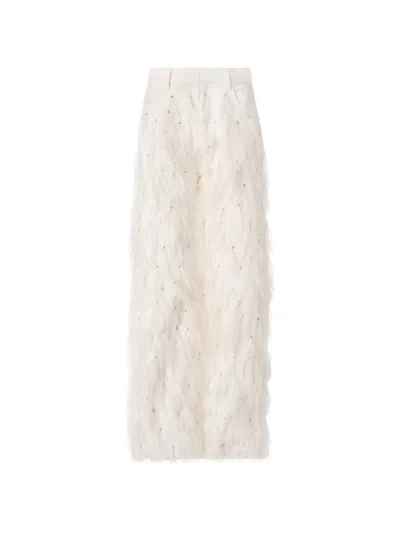 Pinko Feather-trim Crystal-embellished Trousers In Neutral