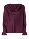 Pinko Filipa Bordeaux Blouse With Draped Neckline And Flared Cuffs In Tech Fabric Woman In Purple