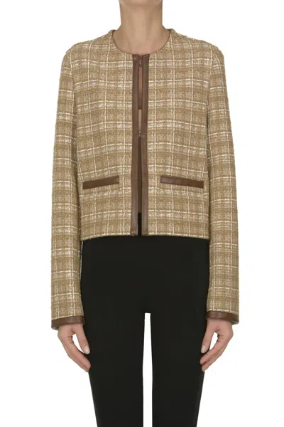 Pinko Tweed Jacket Long Sleeves Leather Trim In Brown
