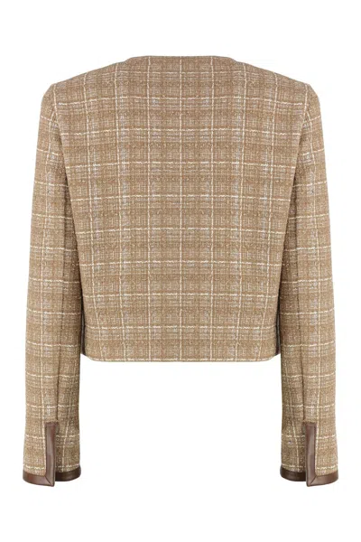Pinko Tweed Jacket Long Sleeves Leather Trim In Brown