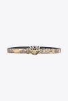 Pinko Galleria Thin 2cm Laminated Reptile-print Belt With Love Birds Buckle In Gold/grey-gold