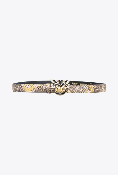Pinko Galleria Thin 2cm Laminated Reptile-print Belt With Love Birds Buckle In Gold/grey-gold