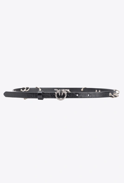 Pinko Thin Belt With Love Birds Buckle And Piercing Detail In Black-old Silver
