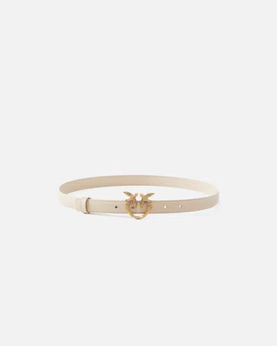 Pinko Love Birds Thin Leather Belt 2cm In Beige-smoke Grey-antique Gold